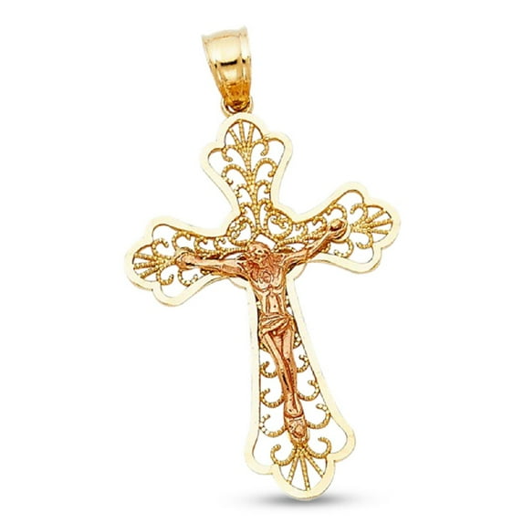 Jesus Celtic Cross Pendant Solid 14k Yellow Rose Gold Fancy Crucifix Charm Diamond Cut 32 x 22 mm