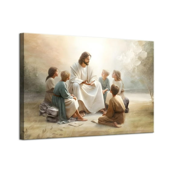 Jesus With Children Canvas poster Wall Art Jesus Teaching Children Watercolor Prints Religious Faith Wall Decor Pictures for Kids Room Bedroom Church Decorations