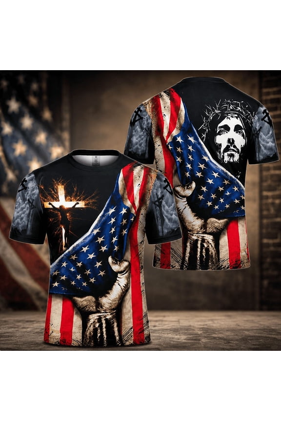 Jesus Christ American Flag Cross All Over Print 3D T-Shirt, Gift For Christian, Jesus Shirt Size S-5XL