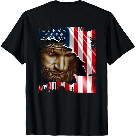 Jesus Christ American Flag US Pride Patriotic Christian T-Shirt for Women Men,Black