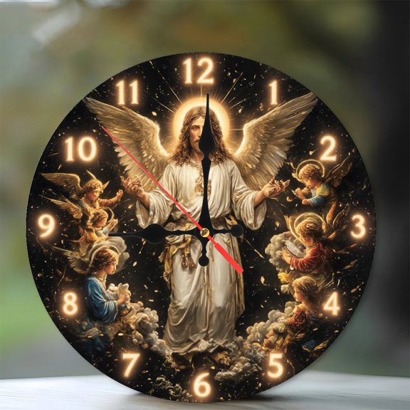 Jesus Christ Angel Wings Clock Wall Decor 10-Inch Silent Wooden Wall Clock, Battery Operated (AA Batteries Not Included), Artistic Home Decor
