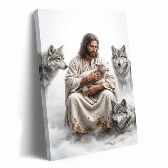 Jesus Christ Art Wall Art Good Shepherd Lamb And Wolves Religious Christian Home Decor Inspirational Spiritual Picture Print, Unframed Paper Print