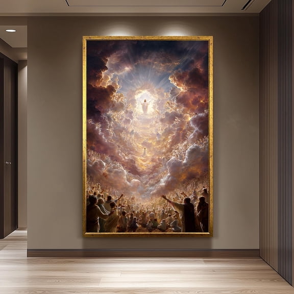 Jesus Christ Ascension Heavenly Glory Divine Christian Wall Art With Angels Light Beams Worshippers Celestial Skies, Unframed Paper Poster 8x10in