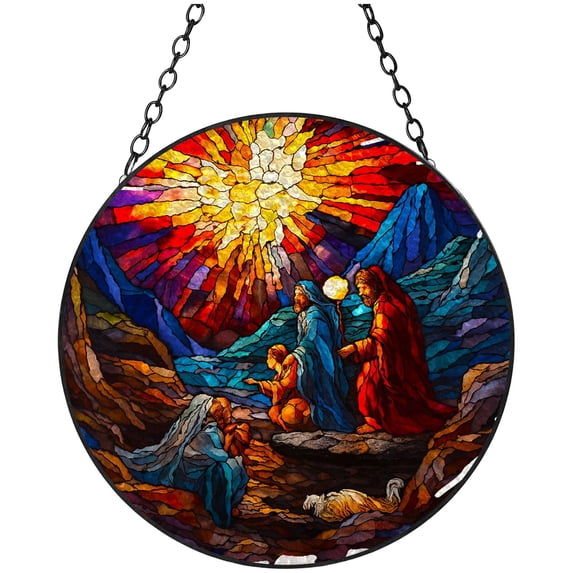 Jesus Christ Birth Stained Glass Suncatcher Window Hangings Colored Handmade Glass Suncatcher Crafts Kits for Indoor Garden Christmas Decoration 16x16cm(23)