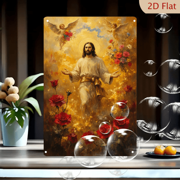 Jesus Christ Blessing with Red Roses and Angels 8x12 inch Metal Wall Art, Vibrant Religious Painting on Tin for Home Decor, Spiritual Gift