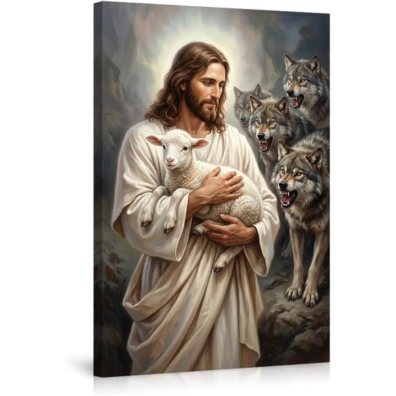 Jesus Christ Canvas Wall Art Good Shepherd Holding Lamb Protecting from Wolves Christian Religious Poster Inspirational Spiritual Decor for Living Room Bedroom