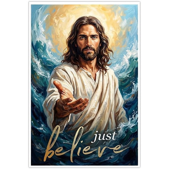 Jesus Christ Canvas Wall Art, Inspirational Christian Religious Decor, Just Believe Faith Artwork Print, Divine Savior Oil Painting for Home Living Room Bedroom