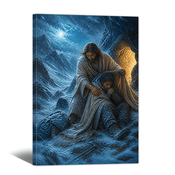 Jesus Christ Canvas Wall Art Jesus Cover Traveler In Warm Picture Print, Christian Religious Artwork Save of God Painting for Church, Home, Prayer Room Decor