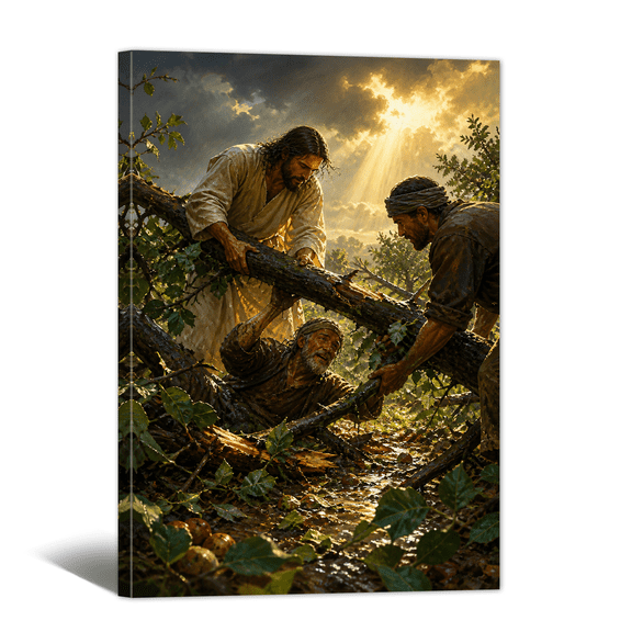 Jesus Christ Canvas Wall Art Jesus Lift Fallen Tree Trunk Picture Print, Christian Religious Artwork Save of God Painting for Church, Home, Prayer Room Decor