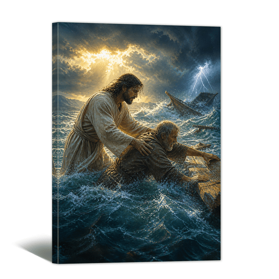 Jesus Christ Canvas Wall Art Jesus Save Believer From Sea Picture Print, Christian Religious Artwork Save of God Painting for Church, Home, Prayer Room Decor