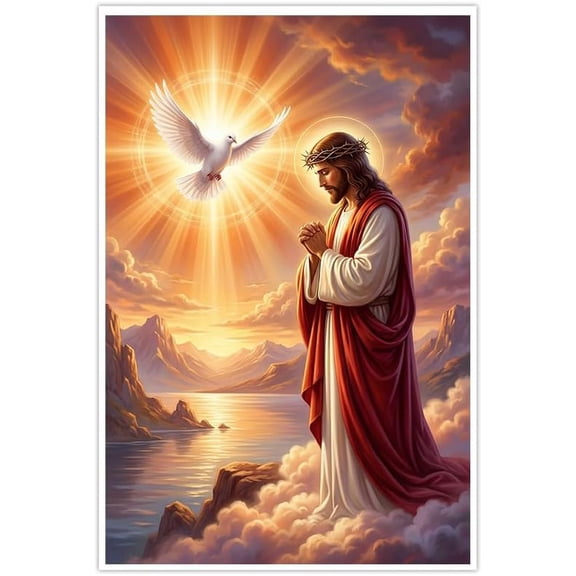 Jesus Christ Canvas Wall Art Praying Poster Holy Spirit Dove Christian Religious Pictures Sunset Landscape Artwork for Living Room Bedroom Faith Home Wall Decor