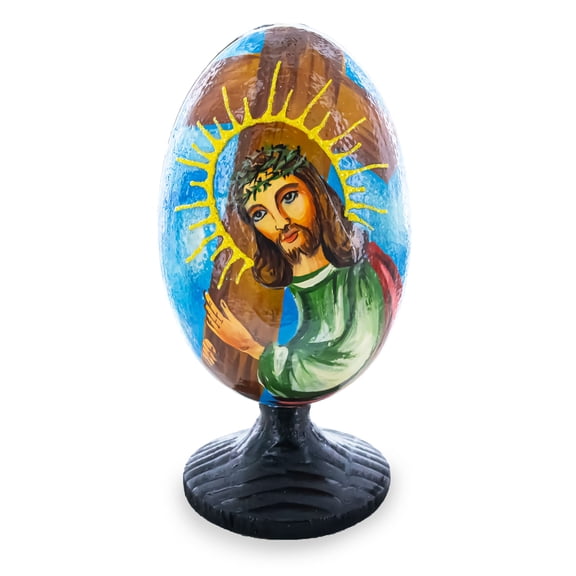 Jesus Christ Carrying Cross Wooden Easter Egg Figurine 4.75 Inches