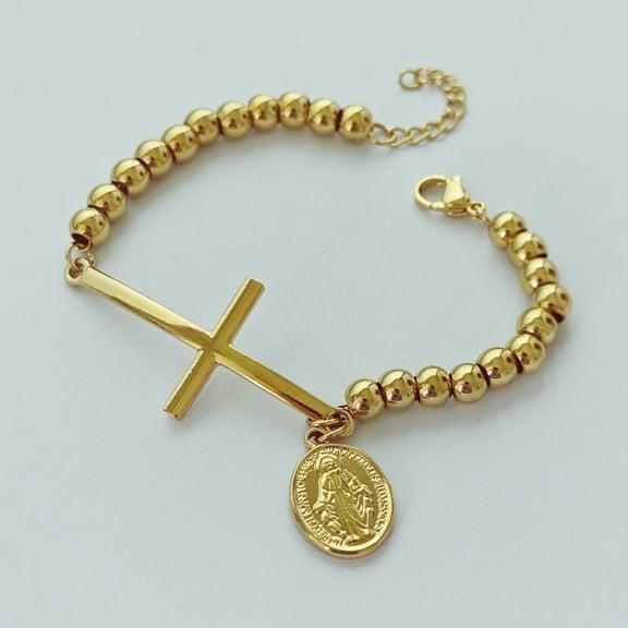 Jesus Christ Cross Charm Beads Bracelet & BangleBoys Mens women Chain 14K Yellow Gold Jewelry Accessories