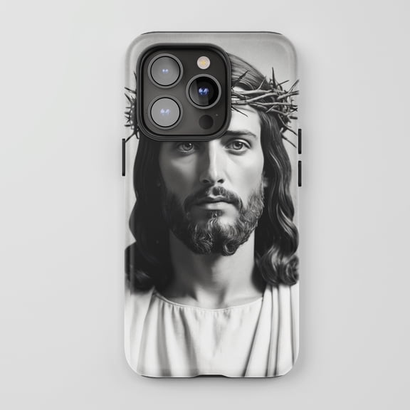 Jesus Christ Crown of Thorns Portrait For All iPhone Series Tough Phone Case Christian Black White