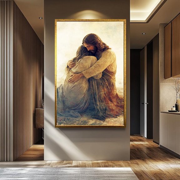 Jesus Christ Embracing Woman Print Comfort And Compassion Christian Art Spiritual Healing Wall Decor Inspirational Faith, Unframed Canvas 8x10in