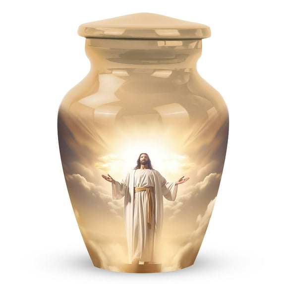 Jesus Christ In Front Of The Holy Cross In Sky - unique Memorial Urns - Mini Urn For Human Ashes - 3 Inch - Pack Of 1 - Miniature Urn For Human Ashes - Mini Aluminum Urn - Urns For Adults