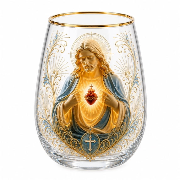 Jesus Christ Glass Tea Cup, 14 oz Clear Jesus Pattern Glass Cup, Elegant Gold Rimmed Glassware Decorative Tumbler Gift for Women Mom Wife
