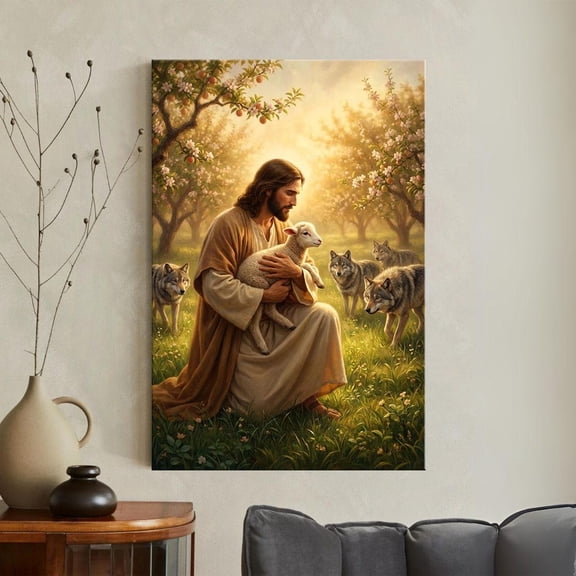 Jesus Christ Good Shepherd Print Christian Wall Art Jesus Holding Lamb With Wolves Religious Home Decor Biblical Faith, Unframed Paper Poster 8x10in
