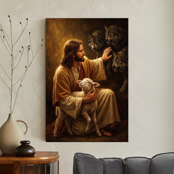 Jesus Christ Good Shepherd Print Christian Wall Art Protecting Lamb From Wolves Religious Decor Biblical, Unframed Paper Poster 8x10in