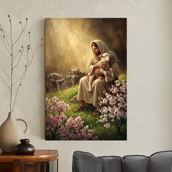 Jesus Christ Good Shepherd Print God Protecting Lamb From Wolves Wall Art Christian Home Decor Biblical Religious, Unframed Paper Poster 8x10in