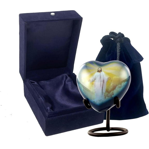 Jesus Christ Heart Keepsake Cremation Urn for Ashes Handcrafted Catholic Religious Memorial Heart Urn 3 Cu/In Mini Sharing Keepsake with Display Stand, Velvet Box & Protective Bag Alloy Infant