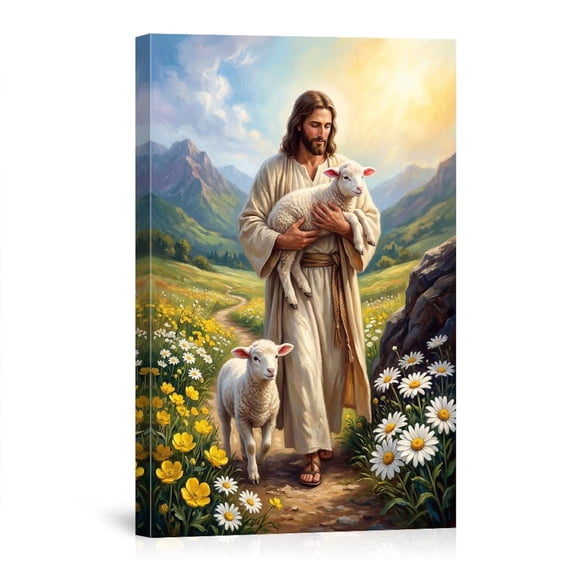 Jesus Christ Holding Lamb Good Shepherd Mountain Landscape With Wildflowers For Church Home Canvas