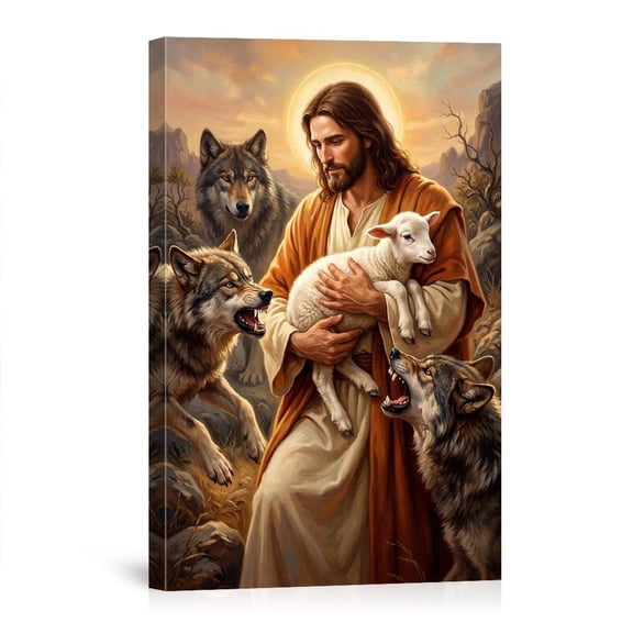 Jesus Christ Holding Lamb Surrounded By Wolves Christian Good Shepherd For Bedroom Prayer Room Canvas