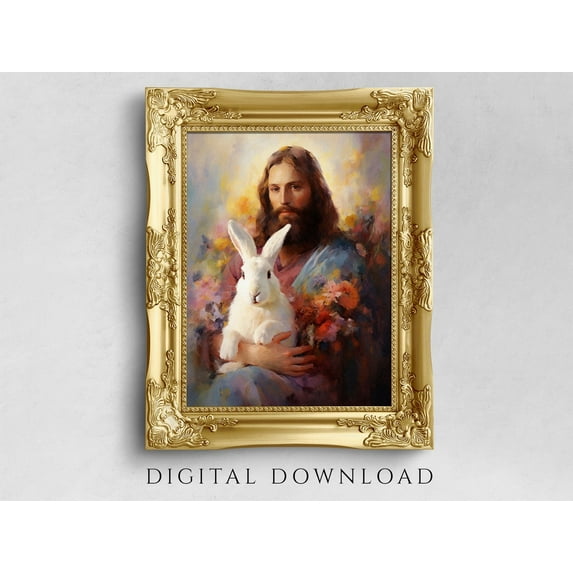 Jesus Christ Holding Rabbit Oil Painting Art - Christian Easter Home ...