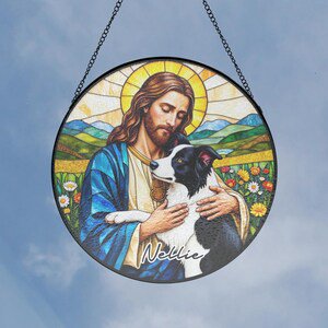 Jesus Christ Hugging Blackandwhite Border Collie Glass Suncatcher, Religious Window Decor, Memorial Gift For Pet Lovers, Suncatcher Window Hanging, 7.9 in