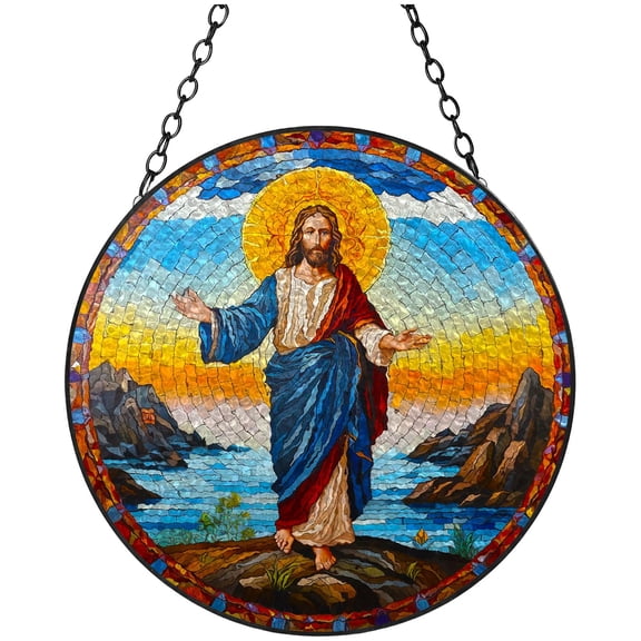 Jesus Christ Icon Stained Glass Suncatcher Handmade Window Hangings Colored Glass Suncatcher Crafts Kits for Indoor Garden Christmas Decoration 16x16cm(1)
