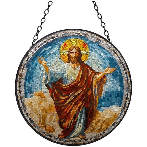 Jesus Christ Icon Stained Glass Suncatcher Handmade Window Hangings Colored Glass Suncatcher Crafts Kits for Indoor Garden Christmas Decoration 16x16cm(12)