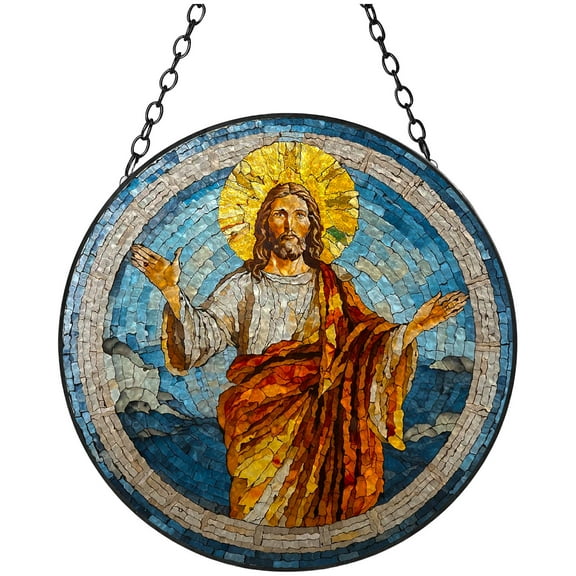 Jesus Christ Icon Stained Glass Suncatcher Handmade Window Hangings Colored Glass Suncatcher Crafts Kits for Indoor Garden Christmas Decoration 16x16cm(10)