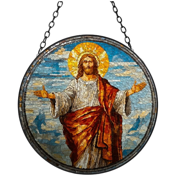Jesus Christ Icon Stained Glass Suncatcher Handmade Window Hangings Colored Glass Suncatcher Crafts Kits for Indoor Garden Christmas Decoration 16x16cm(2)