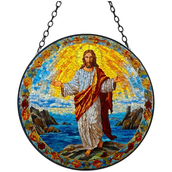 Jesus Christ Icon Stained Glass Suncatcher Handmade Window Hangings Colored Glass Suncatcher Crafts Kits for Indoor Garden Christmas Decoration 16x16cm(6)
