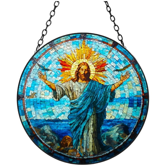 Jesus Christ Icon Stained Glass Suncatcher Handmade Window Hangings Colored Glass Suncatcher Crafts Kits for Indoor Garden Christmas Decoration 16x16cm(7)