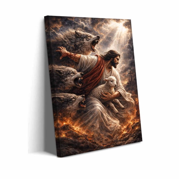 Jesus Christ Lamb of God Wolves Wall Art Christian Religious Poster Print Divine Protection Heavenly Light Spiritual Decor-Framed-24x36inch