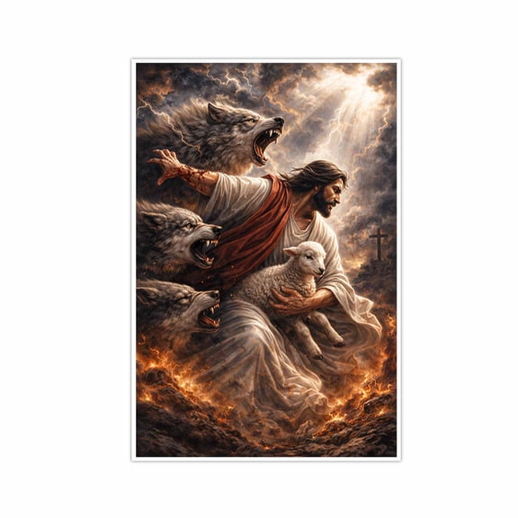 Jesus Christ Lamb of God Wolves Wall Art Christian Religious Poster Print Divine Protection Heavenly Light Spiritual Decor-Unframed-24x36inch