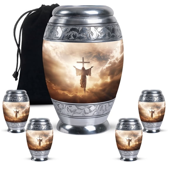 Jesus Christ Large Memorial Urns For Human Ashes Adult Male - Small Unique Urn For Ashes Adult Mom - Decorative Gifts For Cremation Combo 10Inch 200Lbs And 3Inch 4 Keepsake