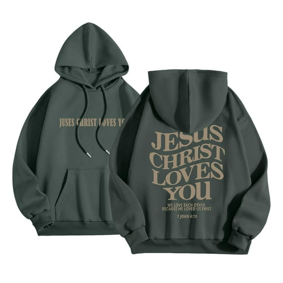 Jesus Christ Loves You Hoodie Christian Faith Sweatshirt for Women Long Sleeve Jesus Hoodie Bible Verse Sweatshirts Oversized Christian Religious Sayings Pullover Sweater Dark Gray M