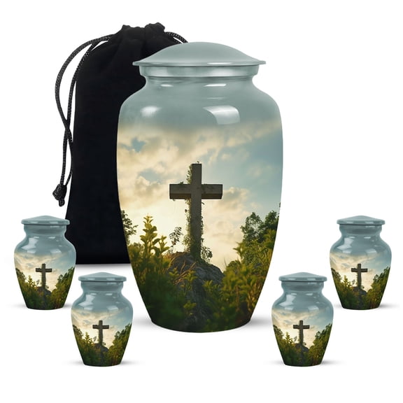 Jesus Christ Memorial Large Urns For Human Ashes Adult Male - Cremation Urn For Ashes Adult Mother - Small Cremains Gifts For Decorative Combo 10Inch 200Lbs And 3Inch 4 Keepsake