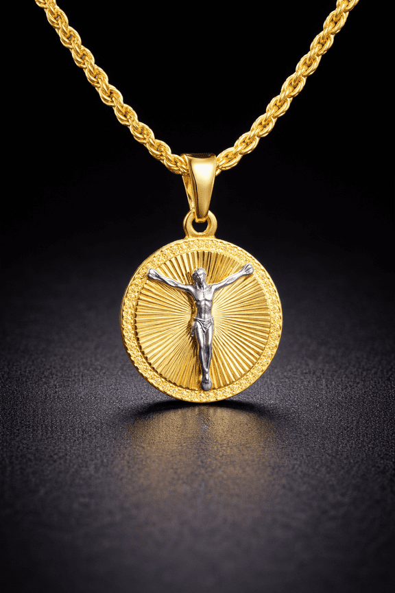 Jesus Christ Necklace Pendant Rope Chain 2mm Unisex 14K Gold Filled Round 20x14mm