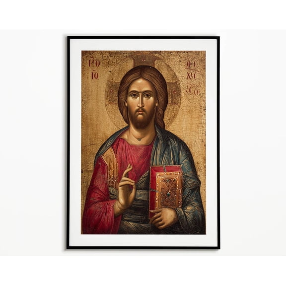 Jesus Christ Of Sinai Poster Greek Orthodox Art Icon Of Jesus Christ Byzantine Hanging Christian, Unframed Paper Poster 8x10in