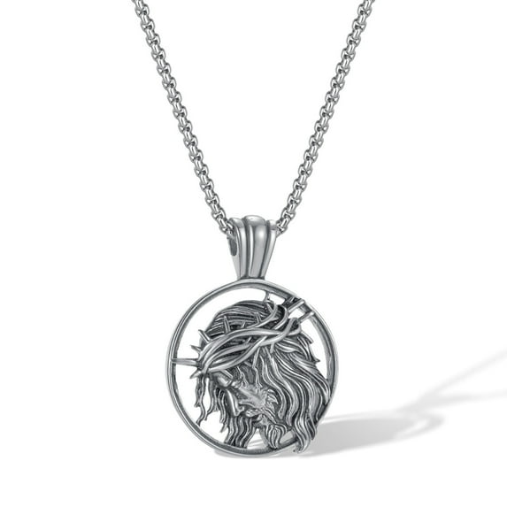 Jesus Christ Pendant Necklace, Stainless Steel Crown of Thorns Head Round Medal Prayer Pendant Jewelry Gifts for Men and Women
