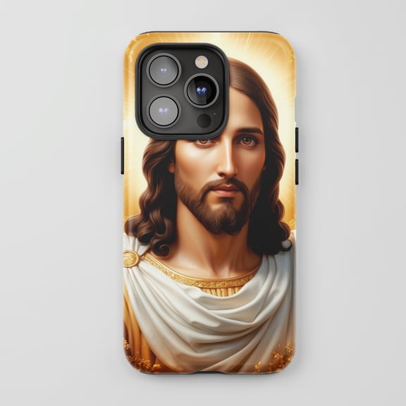 Jesus Christ Portrait For All iPhone Series Protective Phone Case Religious Art Golden White