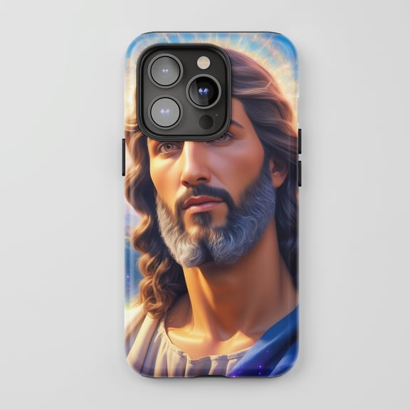 Jesus Christ Portrait For All iPhone Series Tough Phone Case Religious Art Gold Blue Multicolor