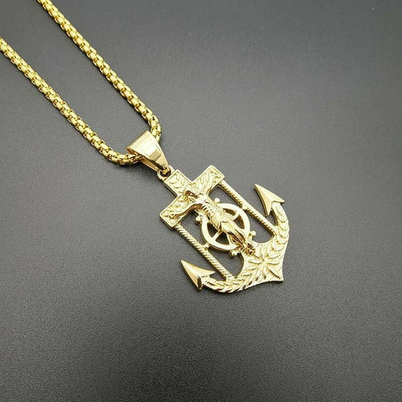 Jesus Christ Religion Necklace New Men's Fashion 14K Yellow Gold Anchor Cross Pendant Necklace Hip Hop Jewelry