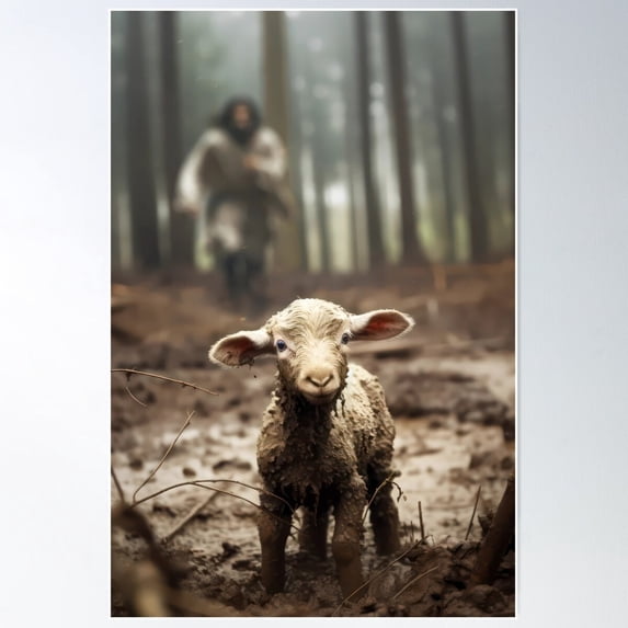 Jesus Christ Running After Lost Lamb Poster Wall Art UNFRAMED PAPER POSTER, Home Decor