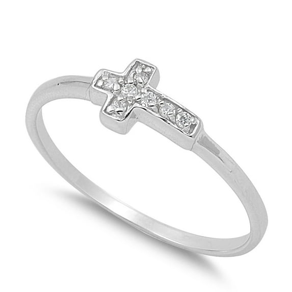 Jesus Christ Sideway Cross Cubic Zirconia Ring Sterling Silver 925