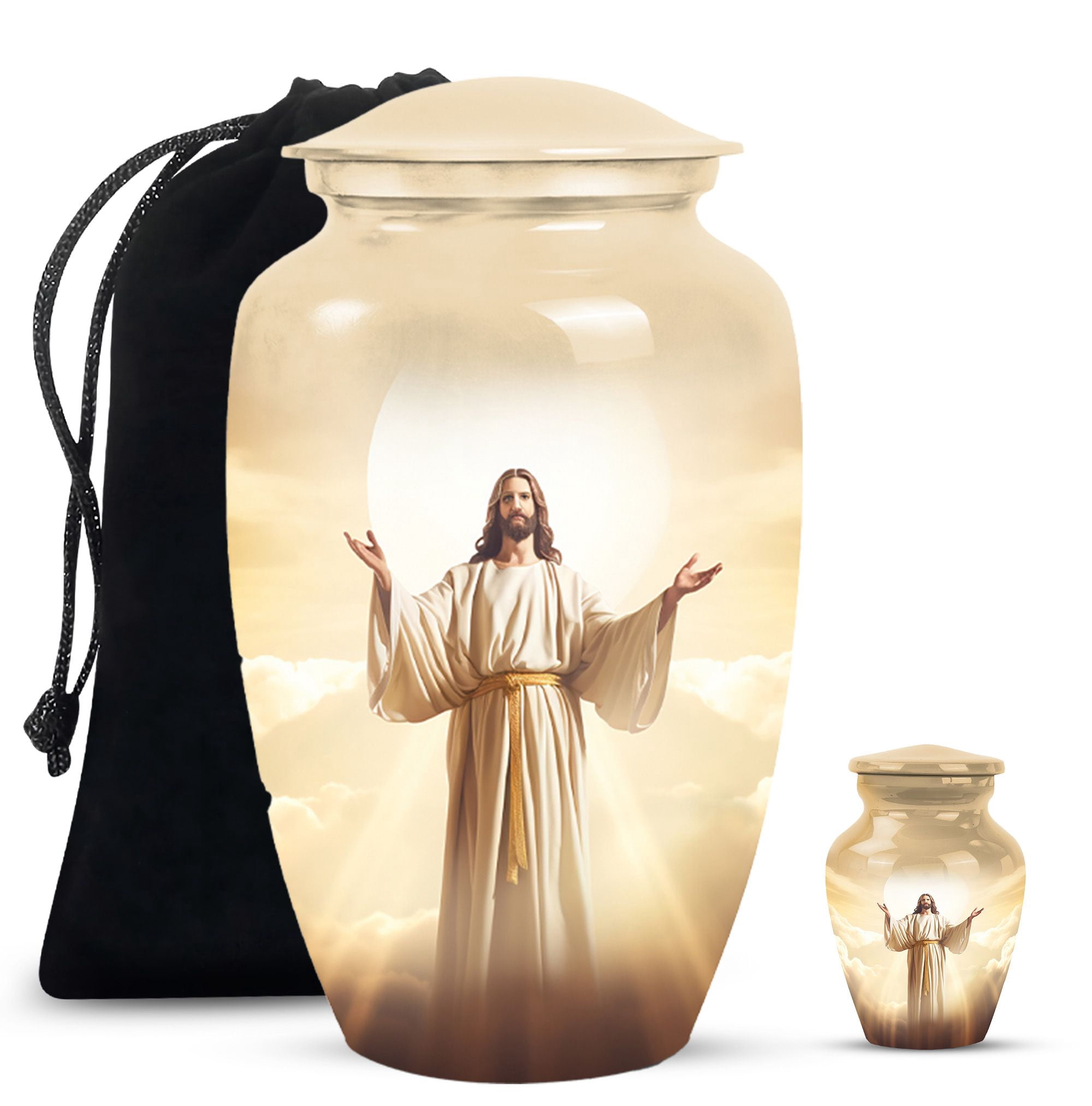 Jesus Christ Small Funeral Urns For Human Ashes Adult Female - Large Burial Urn For Ashes Adult Dad - Handcrafted Decorative Gifts For Unique Combo 10Inch 200Lbs And 3Inch Keepsake