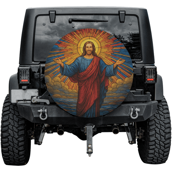 Jesus Christ Spare Tire Cover, Christian Stained Glass Car Accessory, Religious Faith Wheel Cover